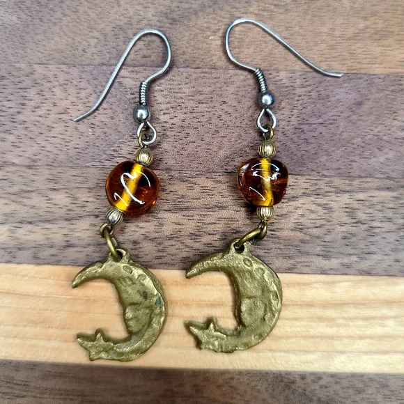 Y2K Celestial Sun Moon Stars Crescent Brass Earrings Glass Beads 90s Fairy Vtg - Picture 3 of 7